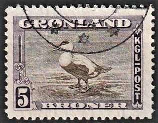 FRIMÆRKER GRØNLAND | 1945 - AFA 16 - AMERIKANER UDGAVEN - 5 kr. mørklilla/gråbrun - stemplet